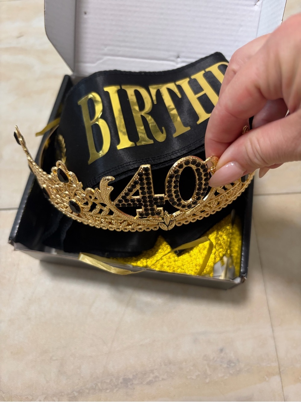 Happy Birthday Decorative Gift Box with crown, sash and banner - 40th birthday